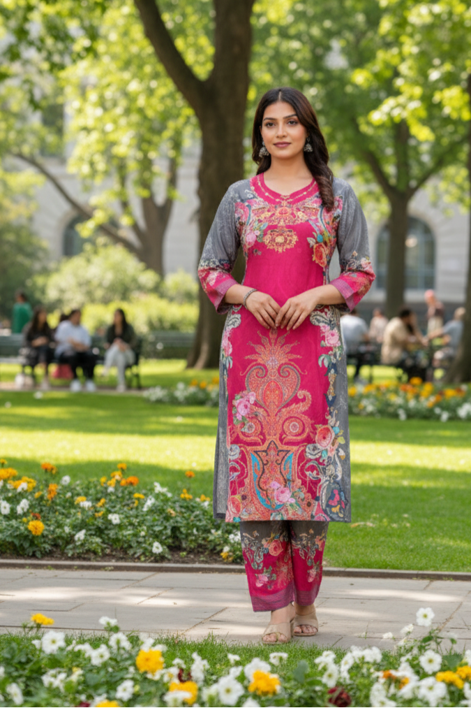 Sanjh Collection Pure Muslin Printed Kurta Set – Timeless Evening Elegance